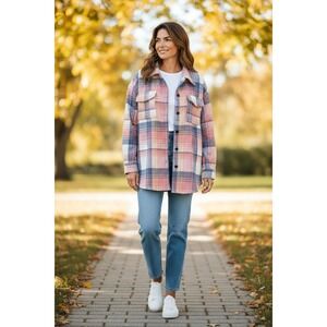 Automet Plaid Shacket Womens Multi Color Button Front Flap Pockets Size M